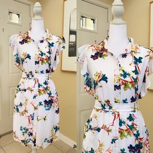 Worthington White with Vibrant Floral Dress with Waist Tie Size 4